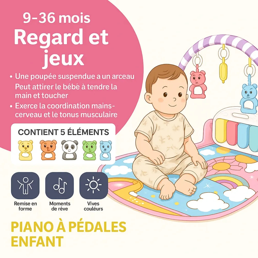 Tapis bébé musical avec jouets suspendus pour éveil sensoriel, 5 éléments colorés et coordination main-cerveau.
