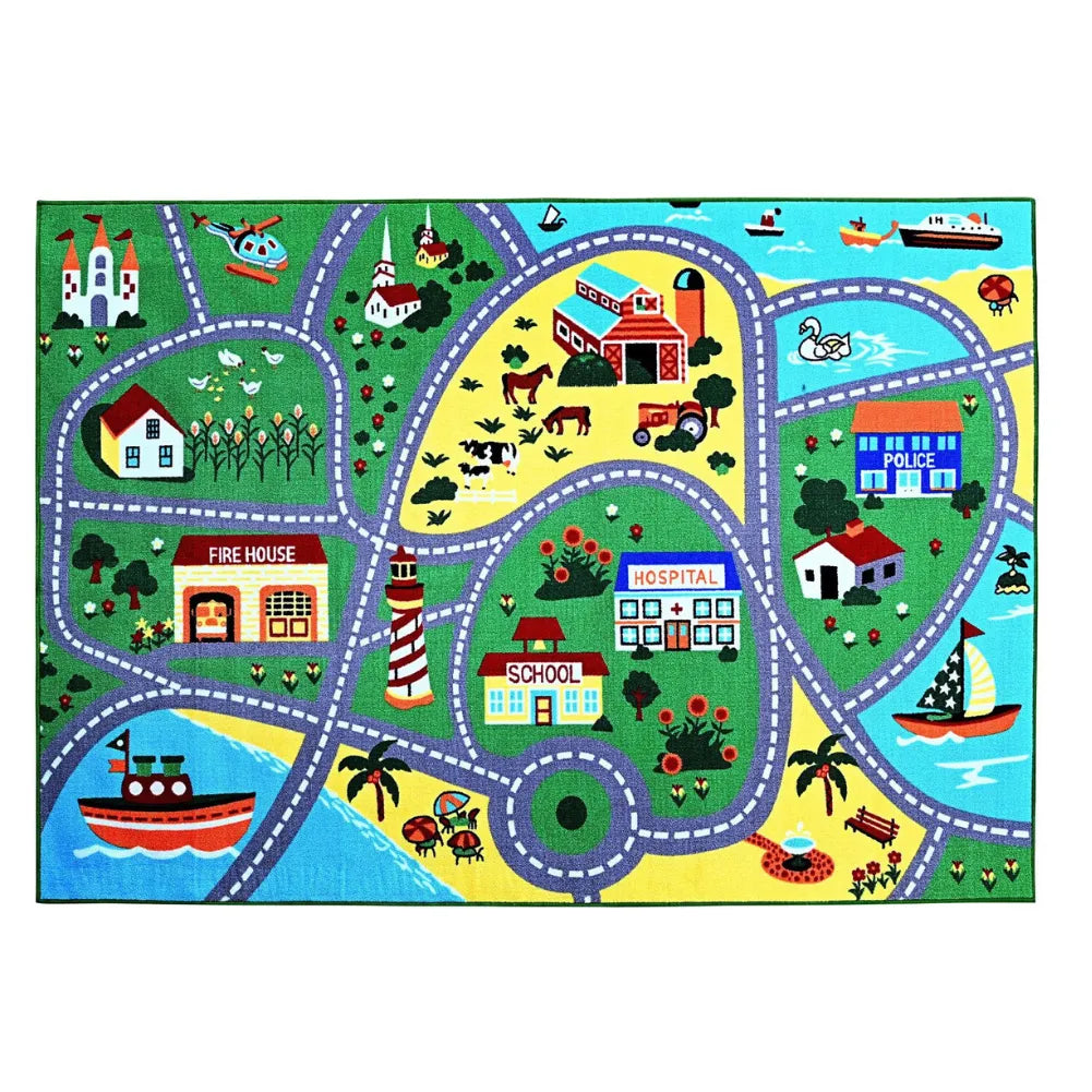 Tapis circuit voiture - Parcours ludique entre ville, ferme, port et animaux