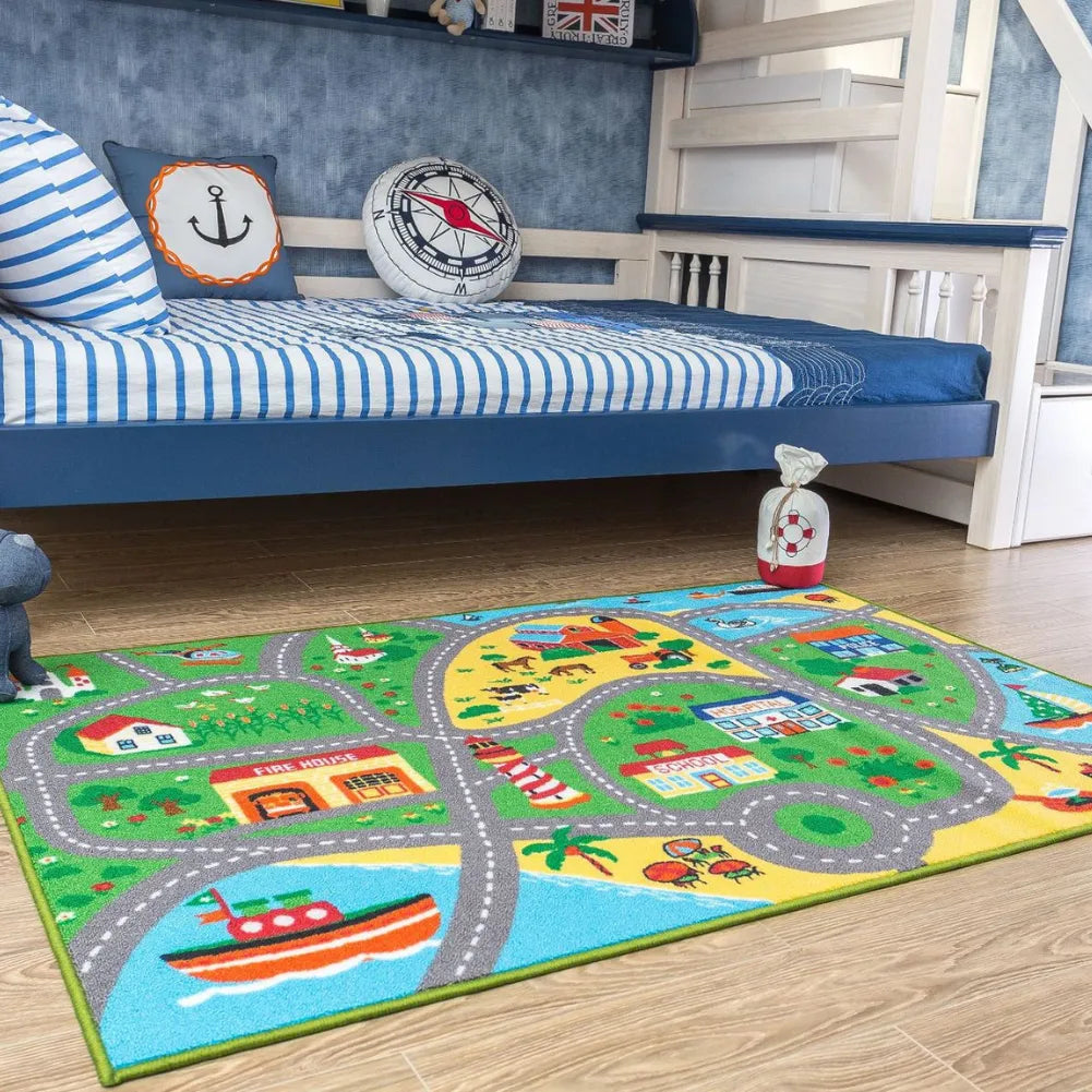 Tapis circuit voiture - Parcours ludique entre ville, ferme, port et animaux