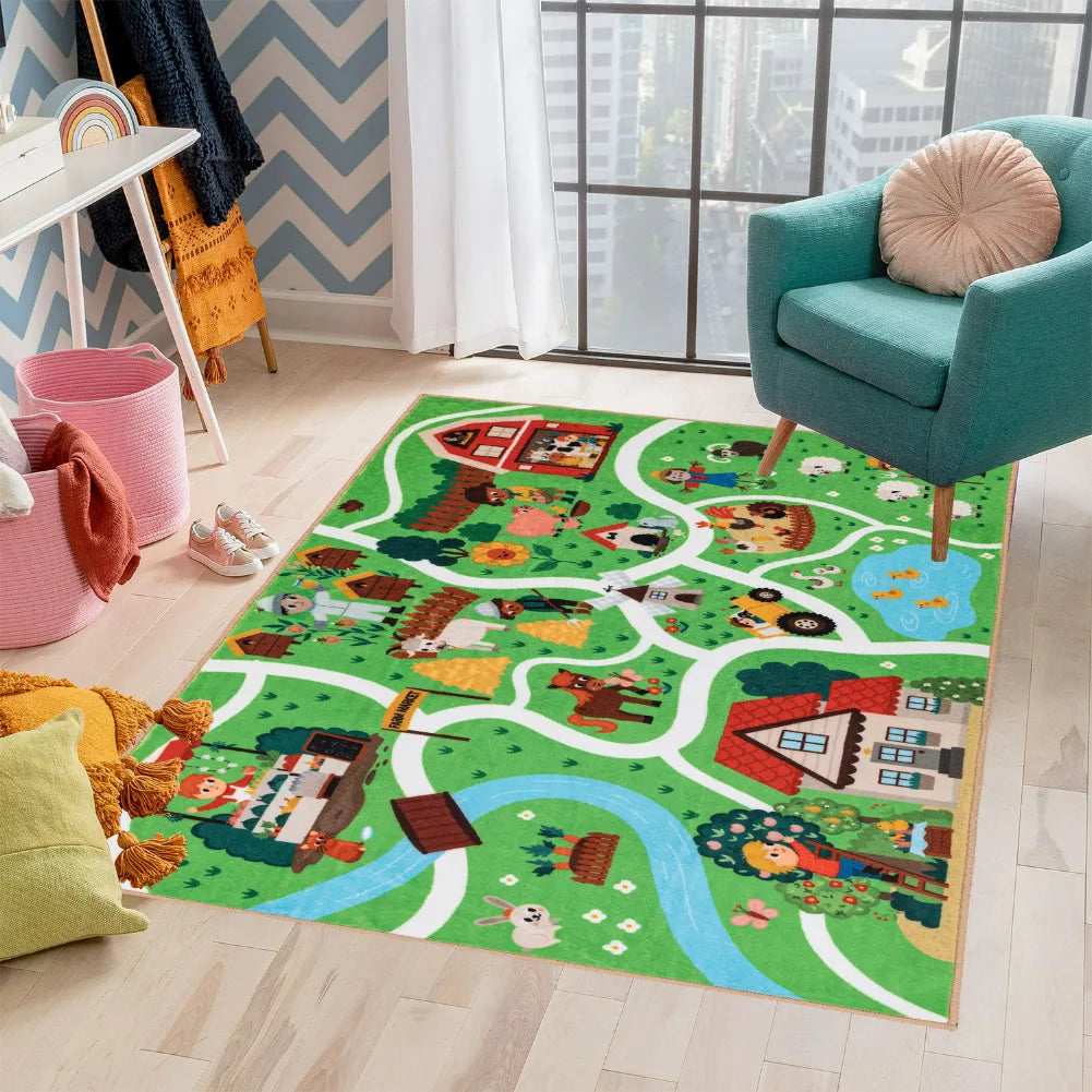 Tapis circuit voiture enfant - Décor ferme, village et nature