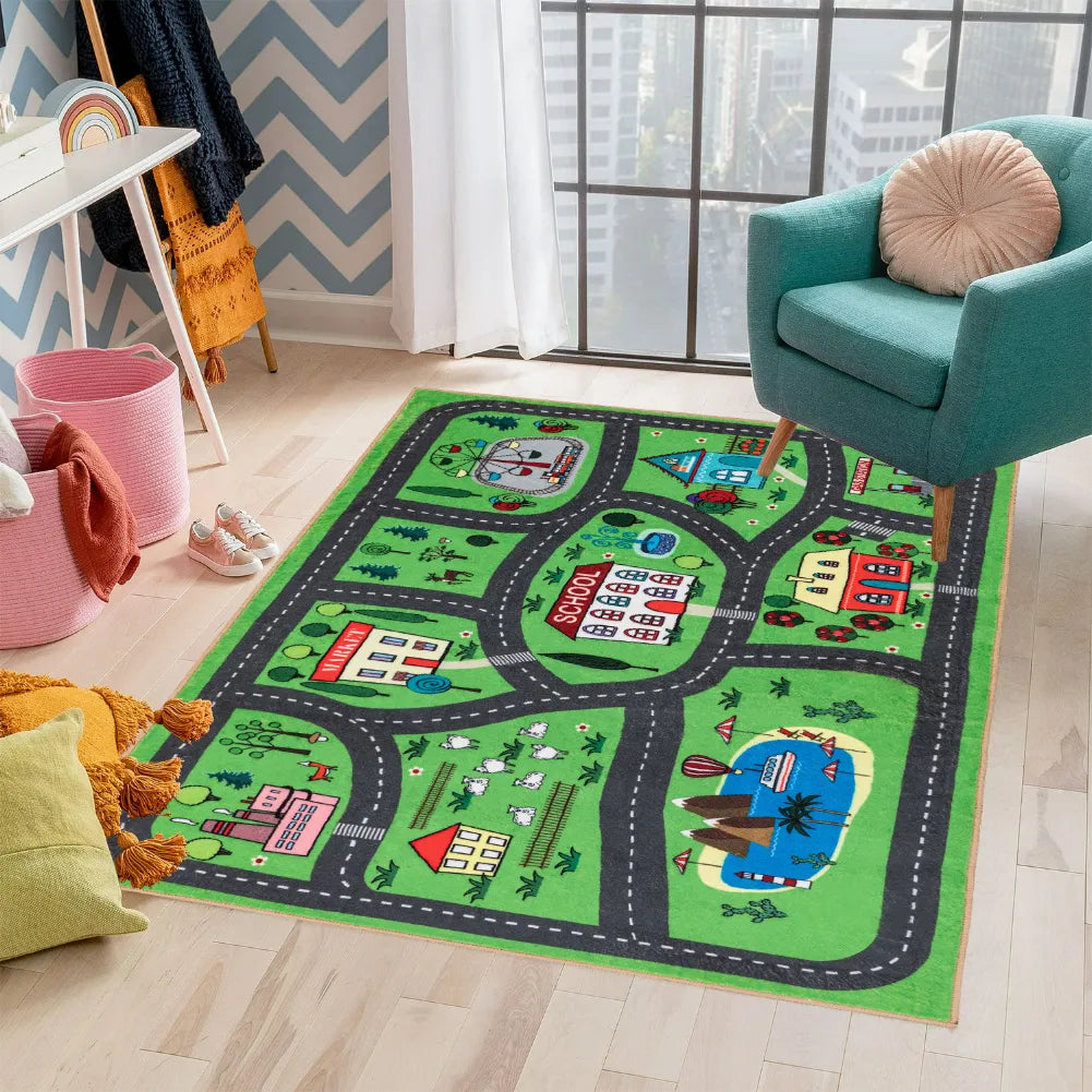 Tapis circuit voiture enfant - Décors multiples : routes, nature, bâtiments et animaux