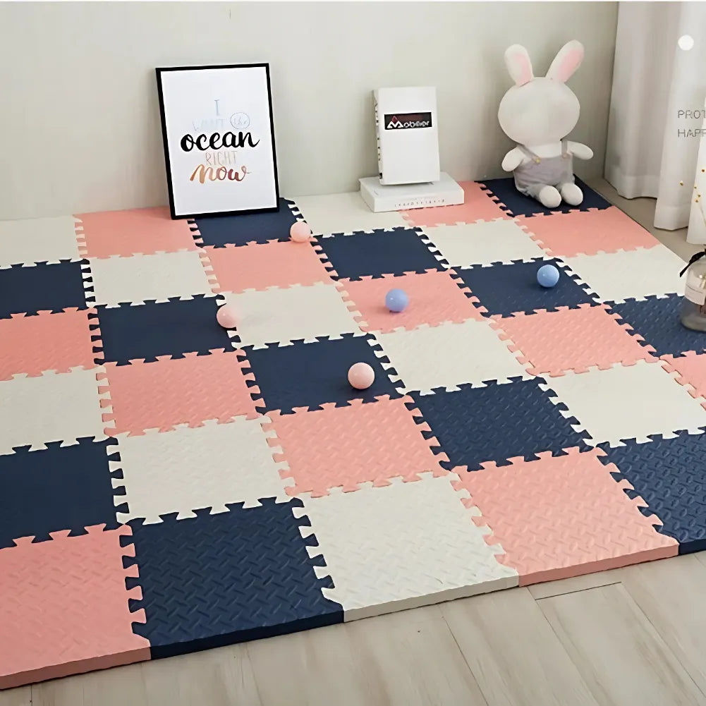 Tapis puzzle en mousse 2–3 cm, doux et coloré pour l'aire de jeu des bébés, antidérapant et lavable.
