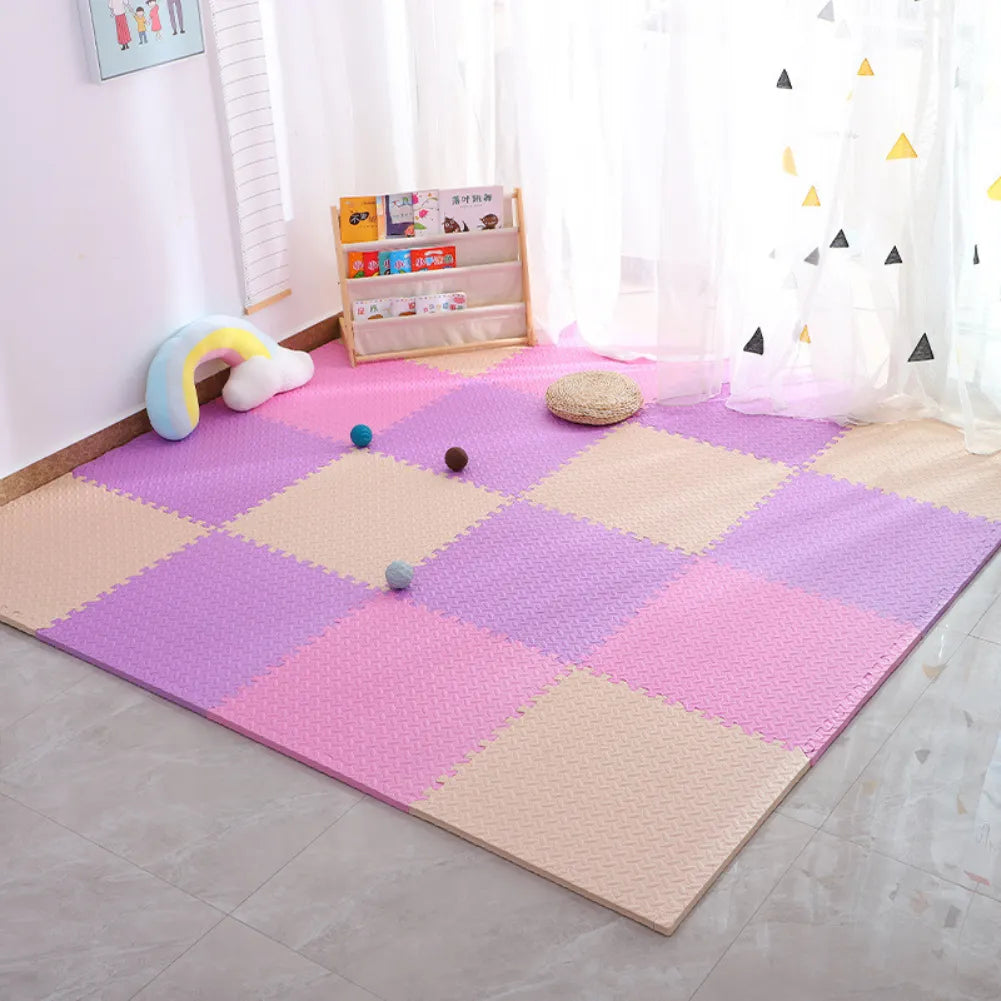Colorful EVA foam puzzle mat for babies, featuring soft purple and pink tiles, ideal for safe and cozy play.