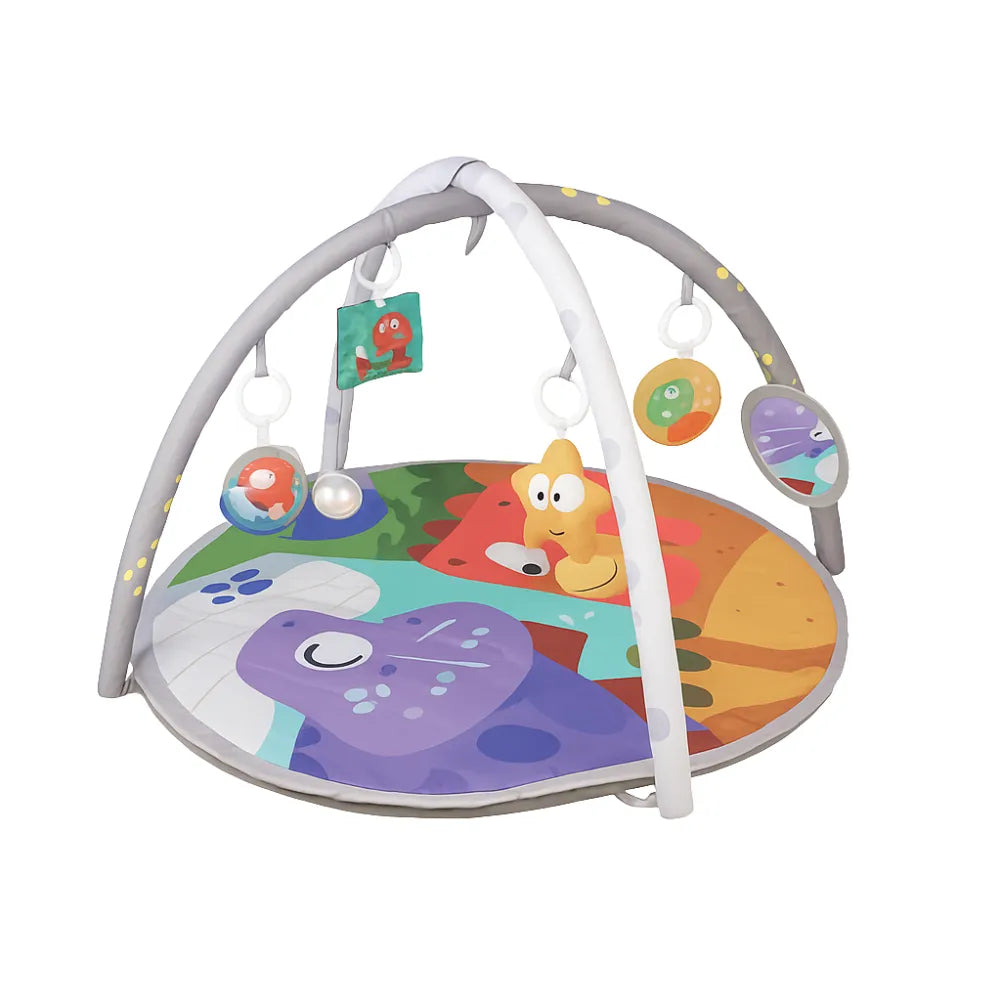 Tapis bébé avec arche d'éveil coloré et jouets suspendus, idéal pour l'éveil et la motricité des tout-petits.