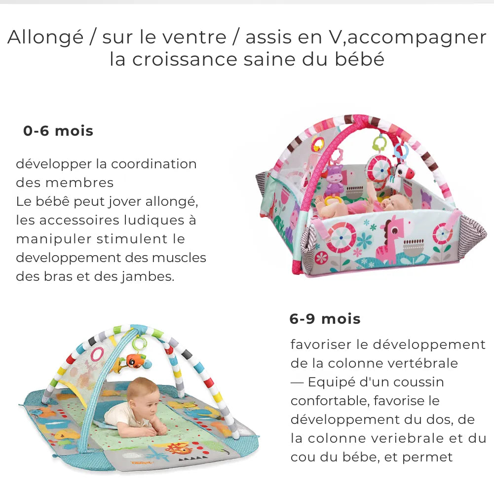 Tapis bébé 5-en-1 avec activités d'éveil pour 0-9 mois, favorisant la croissance et le développement motricité.