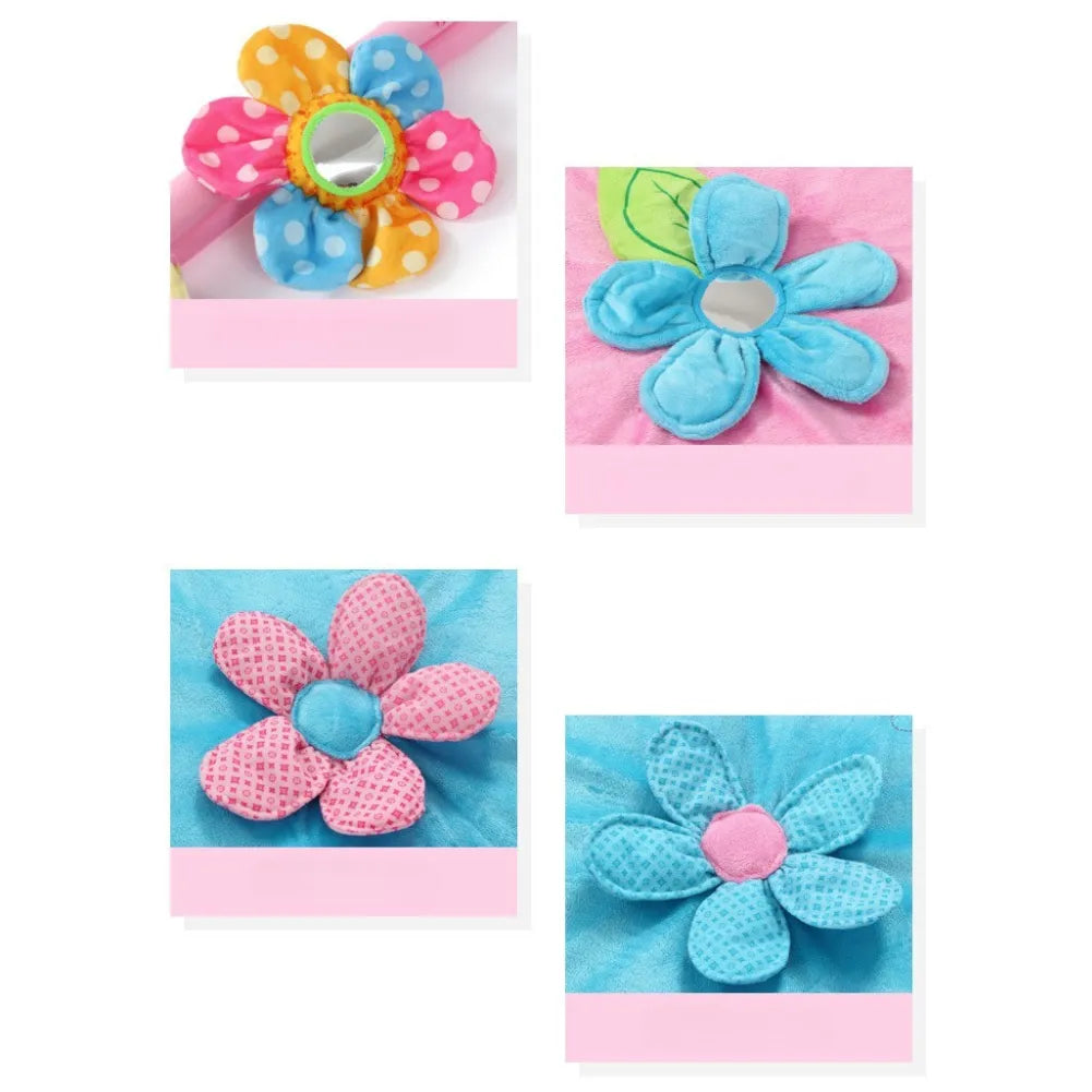 Colorful floral designs of soft baby toys for sensory play, featuring polka dots and plush textures.