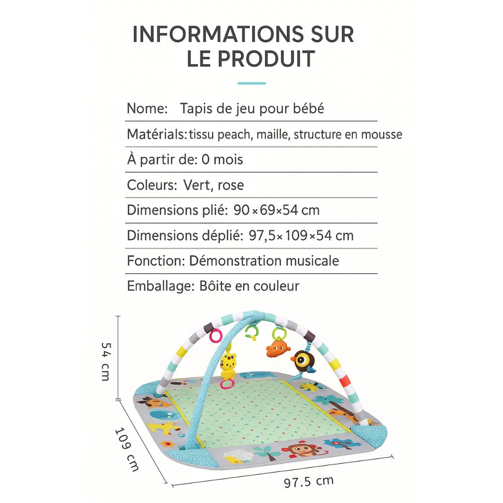 Tapis bébé 5-en-1 avec arche musicale, dimensions et fonctionnalités en rose et vert.