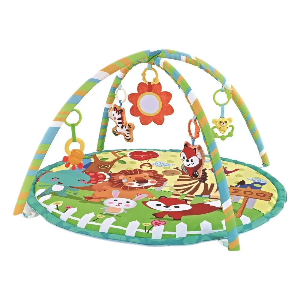 Aire de jeu sensorielle complète tapis bébé jungle avec arches et jouets colorés pour éveil des tout-petits.