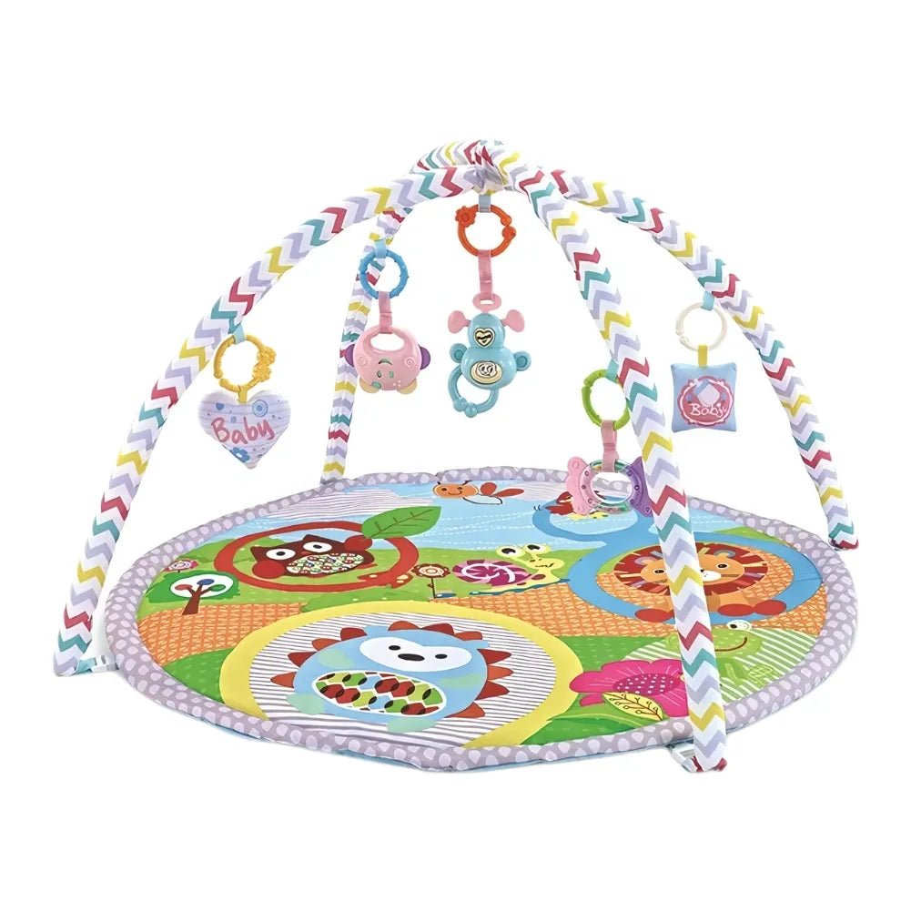 Colorful sensory play mat for babies with soft arches and hanging toys for early development.