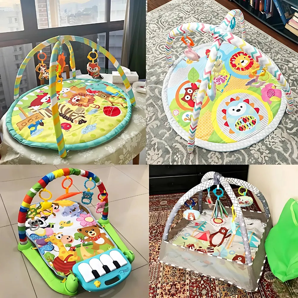 Aire de jeu sensorielle complète pour bébé, incluant tapis jungle coloré et jouets suspendus.