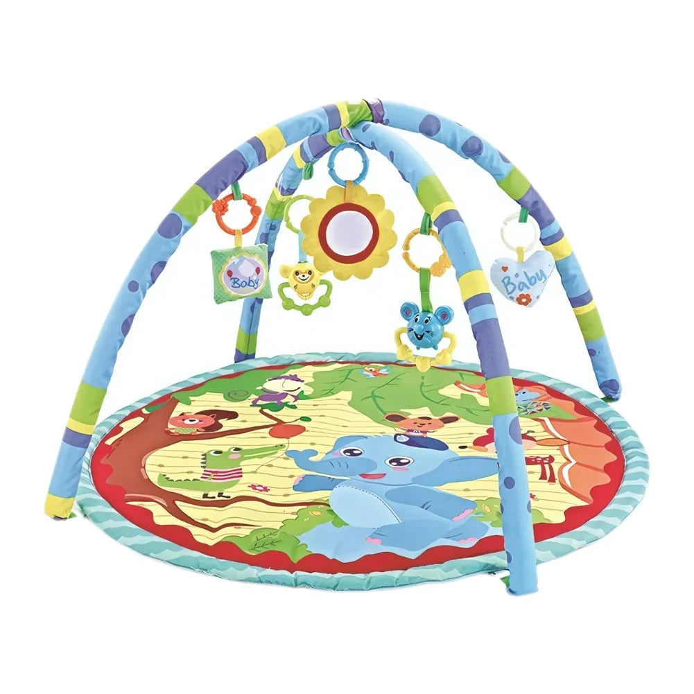 Tapis bébé jungle sensoriel avec arches souples et jouets suspendus pour éveil des tout-petits.
