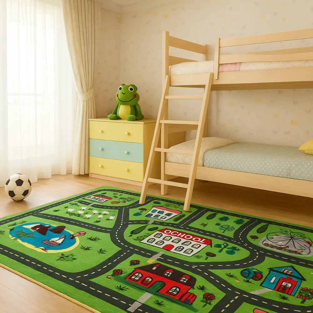 Tapis circuit voiture enfant - Décors multiples : routes, nature, bâtiments et animaux