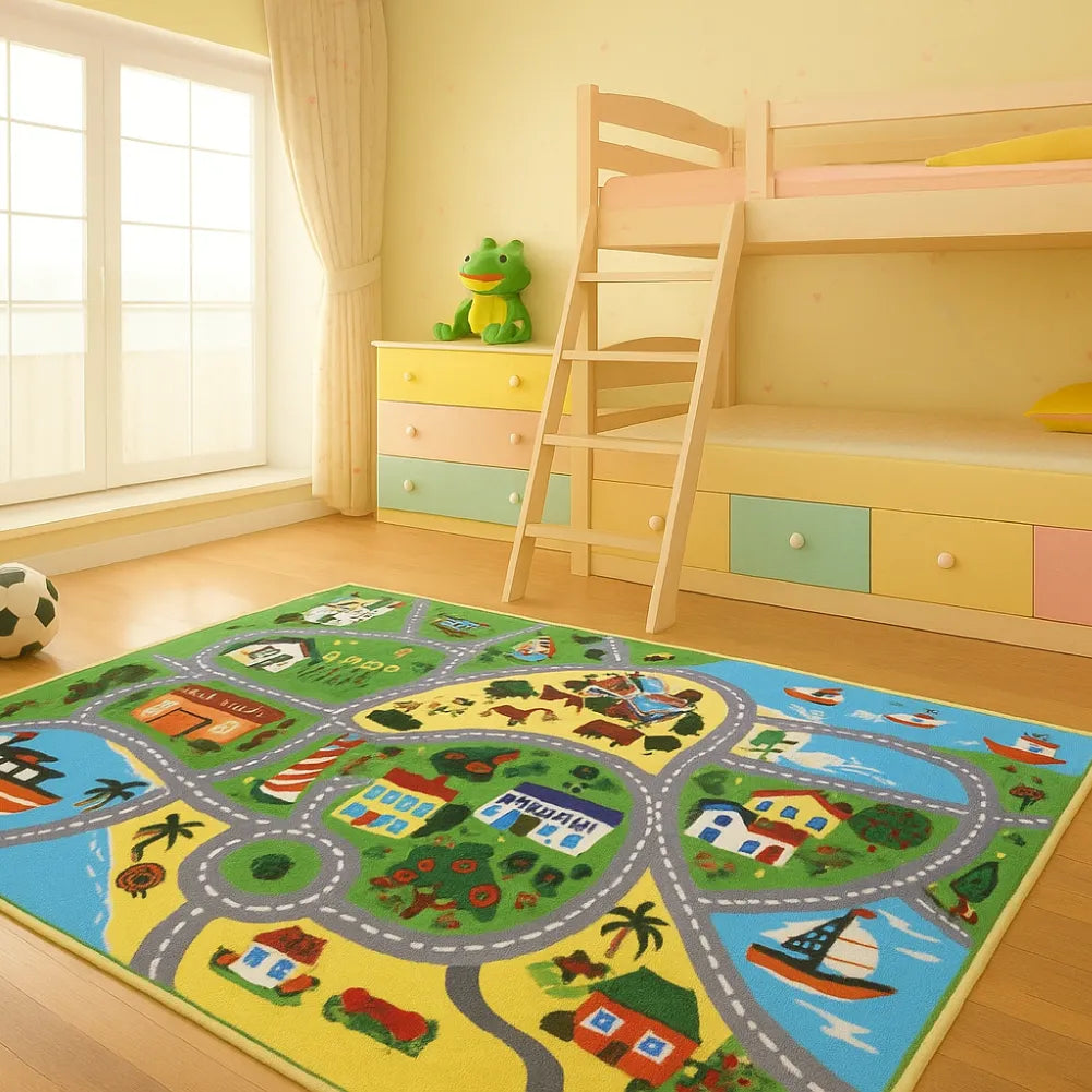 Tapis circuit voiture - Parcours ludique entre ville, ferme, port et animaux