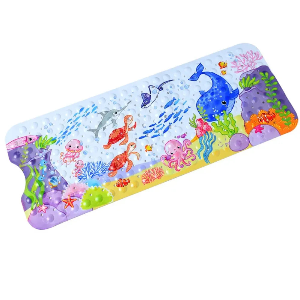 Tapis de bain antidérapant enfant avec motifs océaniques colorés : baleines, tortues, pieuvres et coraux.