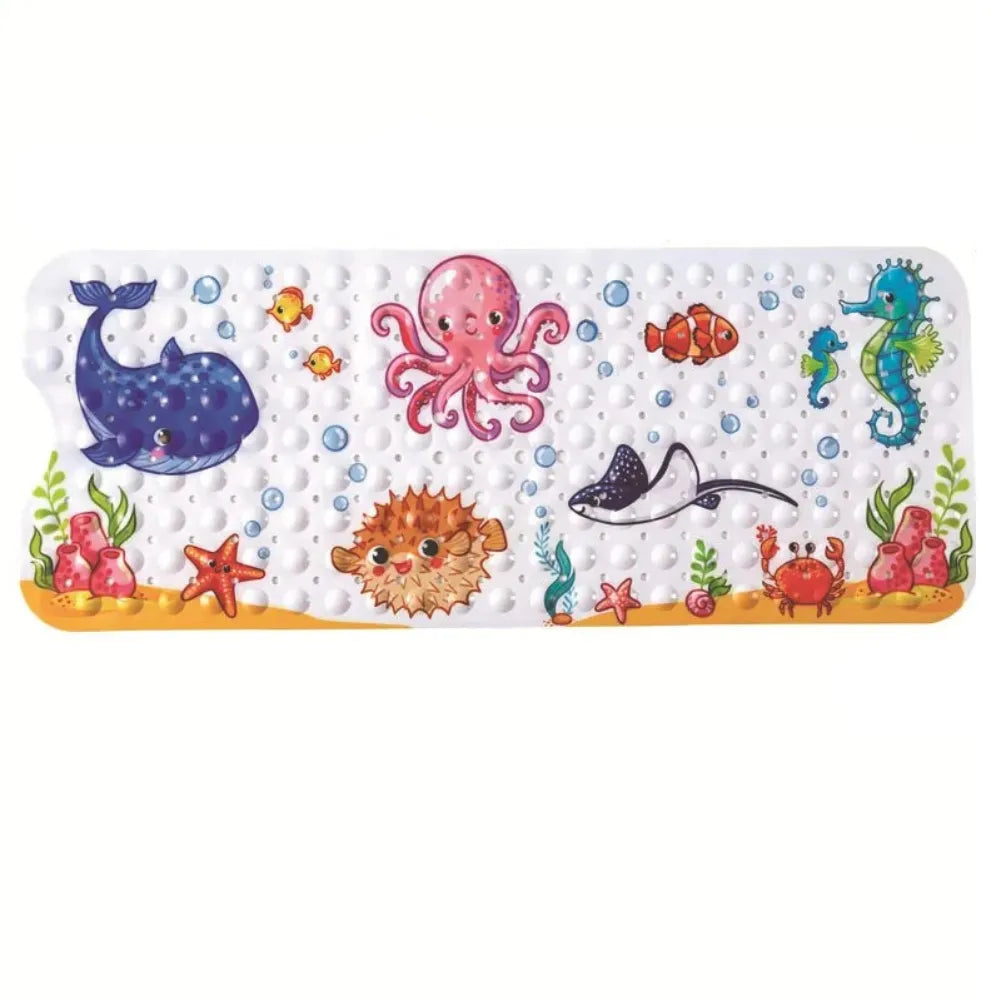 Tapis de bain antidérapant pour enfants, décoré de créatures marines colorées comme une pieuvre et une baleine.