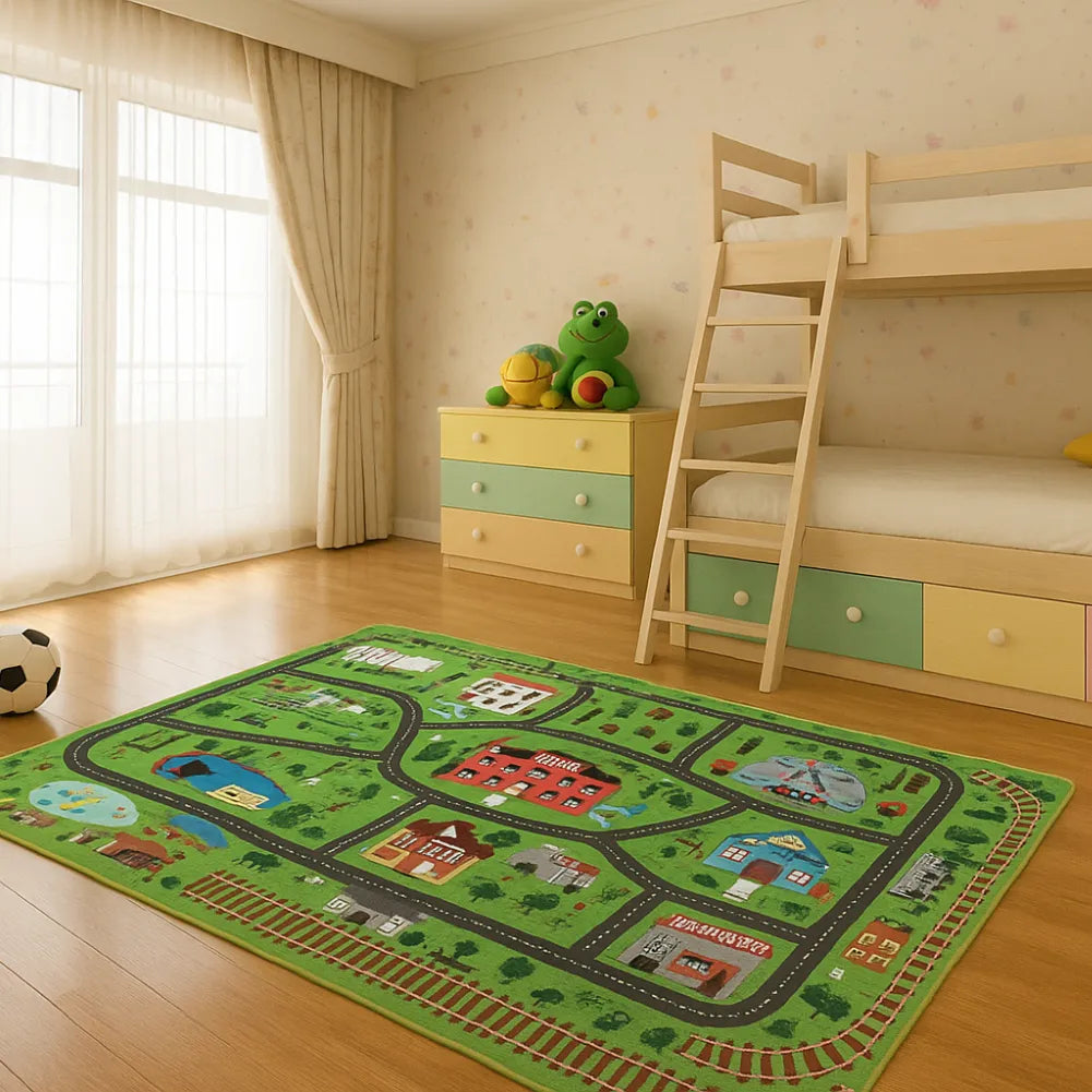 Tapis circuit voiture - Décor de ville et campagne avec maison pour chambre enfant