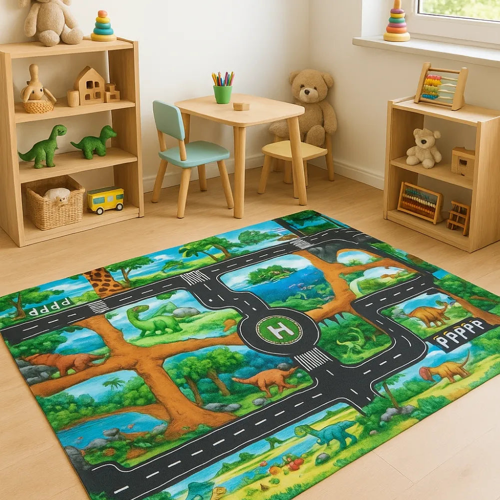 Tapis voiture enfant - Décor jungle et dinosaures