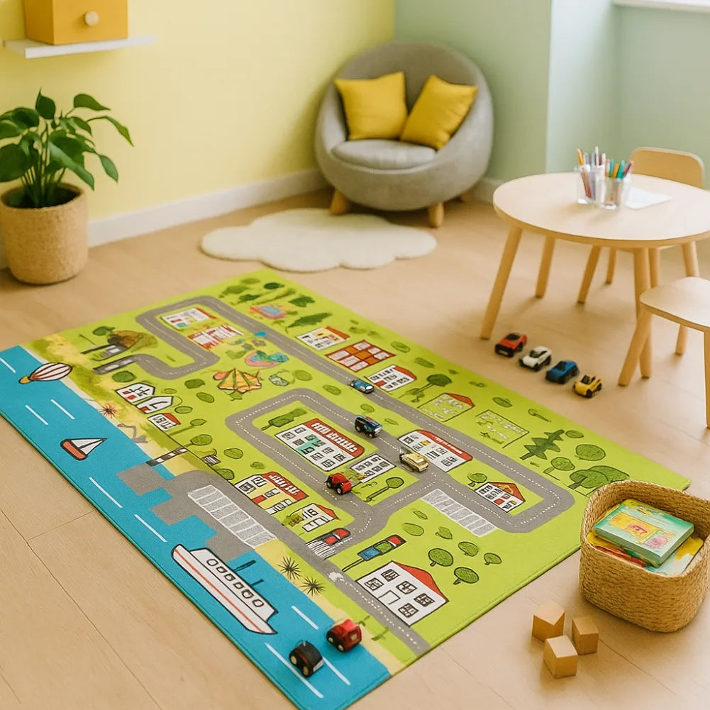 Tapis circuit voiture pour enfant avec routes, illustrations de ville, et jouets sur un sol en bois.