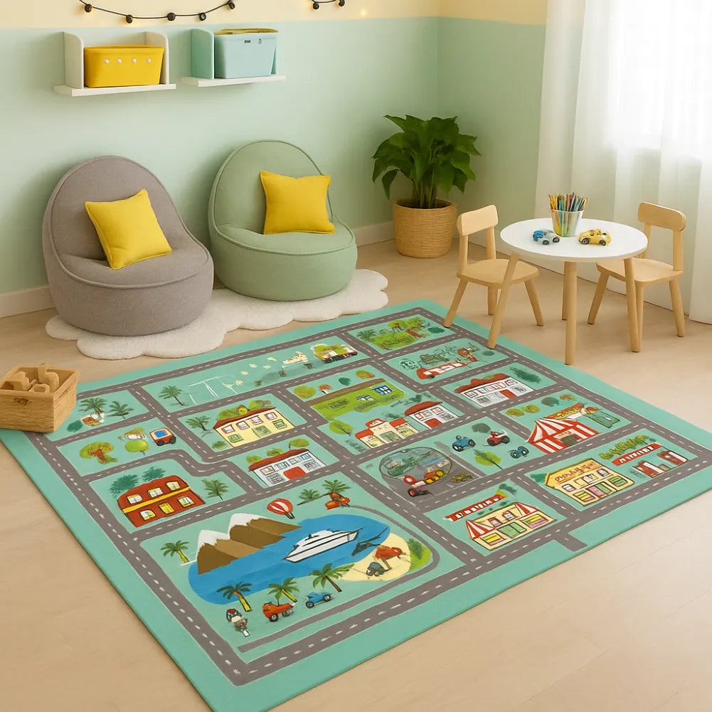 Tapis circuit voiture - Parcours ludique entre eau, arbres, bateaux et attractions