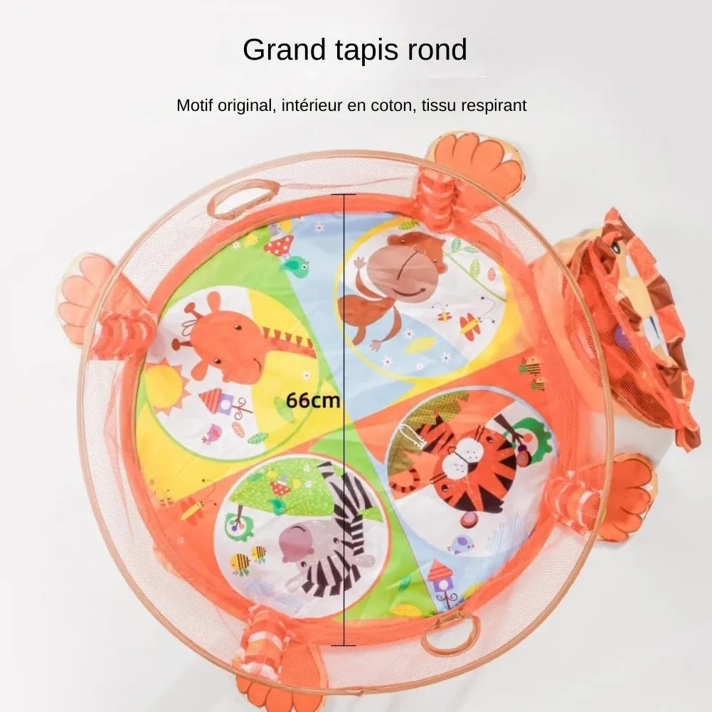 Grand tapis rond en coton avec motifs colorés et zones texturées pour le développement sensoriel de bébé.