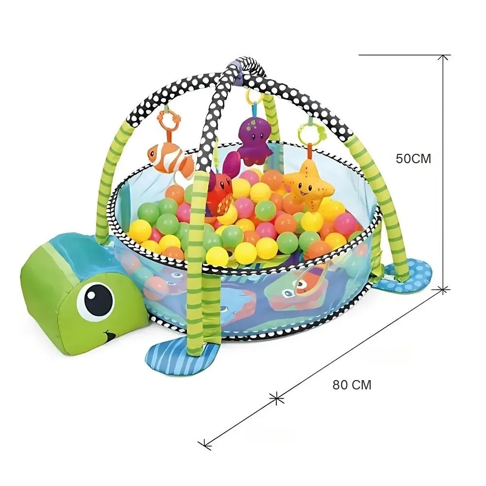 Tapis d'éveil bébé en forme de tortue avec jouets suspendus et balles colorées, dimensions 80x50 cm.