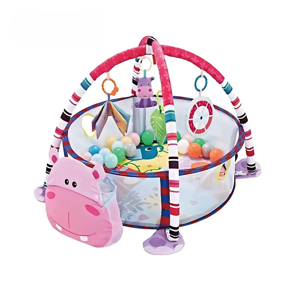 Tapis bébé hippopotame avec jouets suspendus pour un éveil sensoriel coloré et sécurisé.