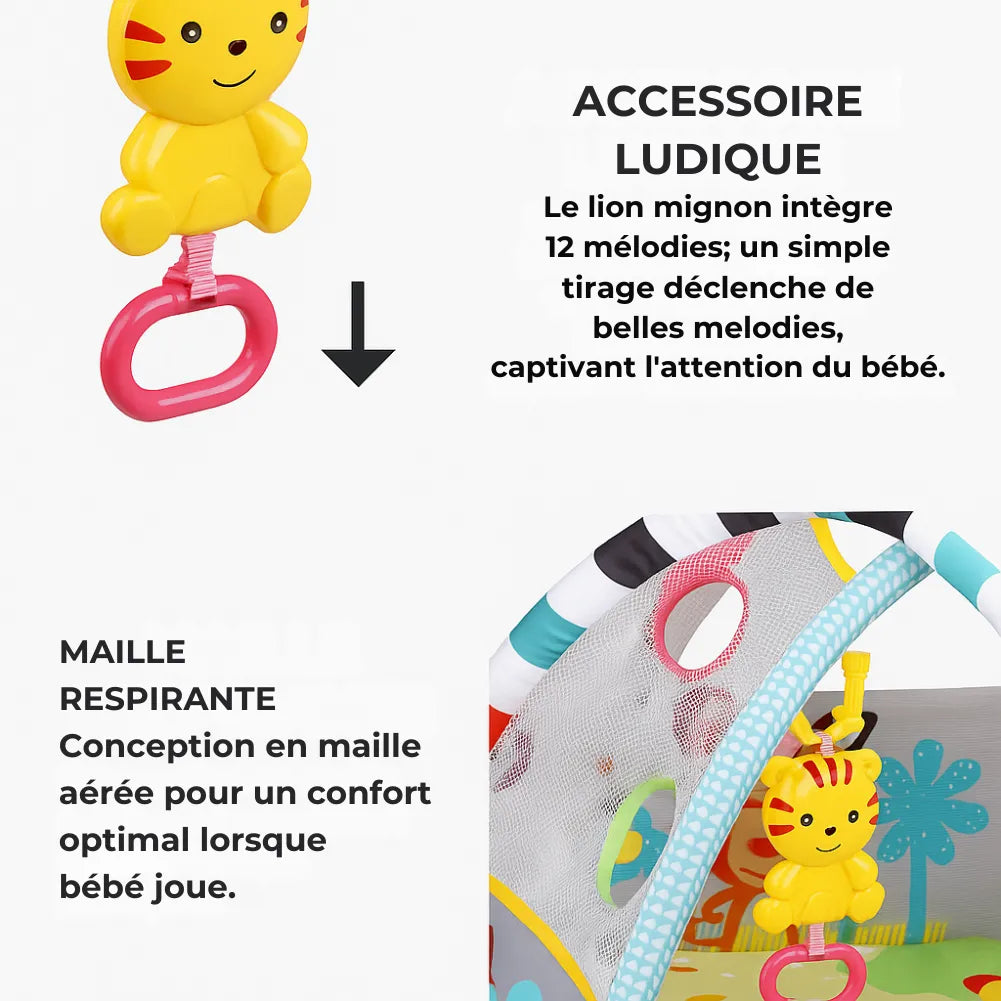 Lion musical ludique avec 12 mélodies, conçu pour stimuler l'éveil des bébés sur le tapis 5-en-1.