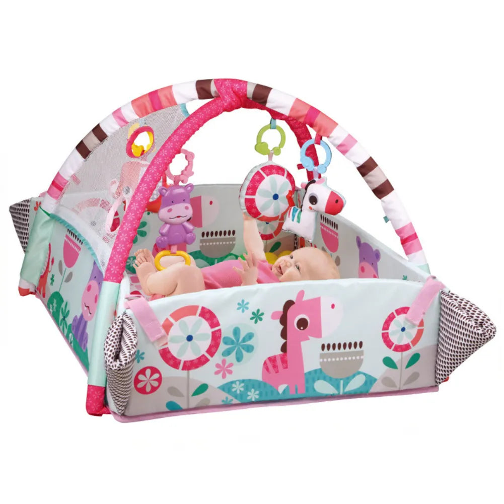 Tapis bébé 5-en-1 avec arche musicale, mini piscine à balles et jouets colorés pour éveil multisensoriel.