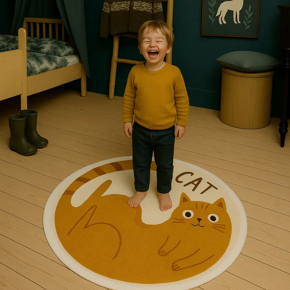 Tapis bébé rond avec motif de chat et enfant heureux jouant dans une chambre chaleureuse.