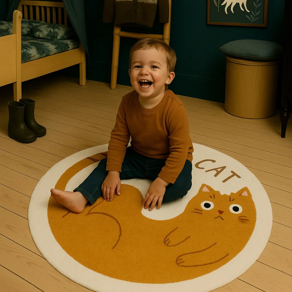 Enfant souriant assis sur un tapis rond bébé avec un motif de chat mignon, idéal pour l’éveil.
