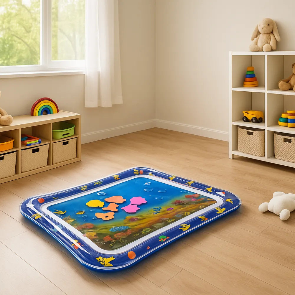 Tapis d’eau bébé - Tapis sensoriel gonflable décor océan avec formes flottantes