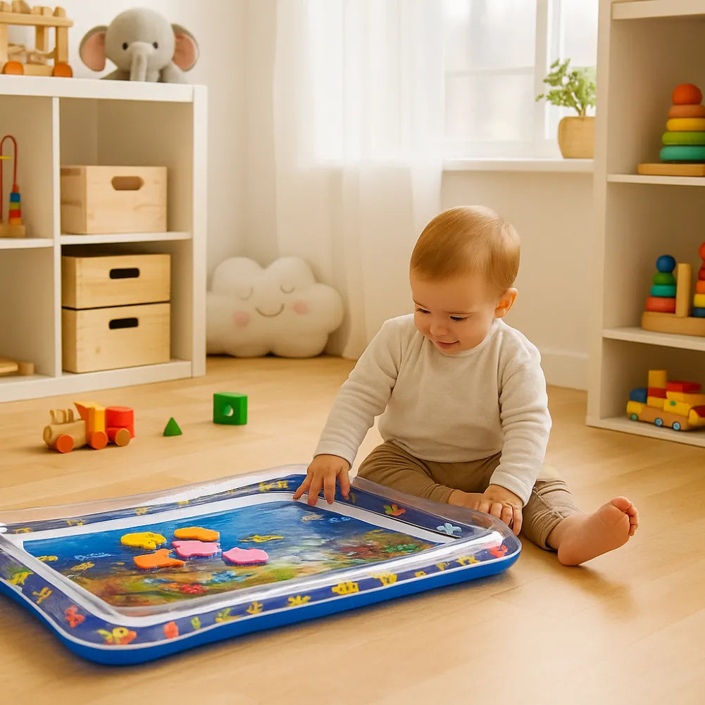 Tapis d’eau bébé - Tapis sensoriel gonflable décor océan avec formes flottantes