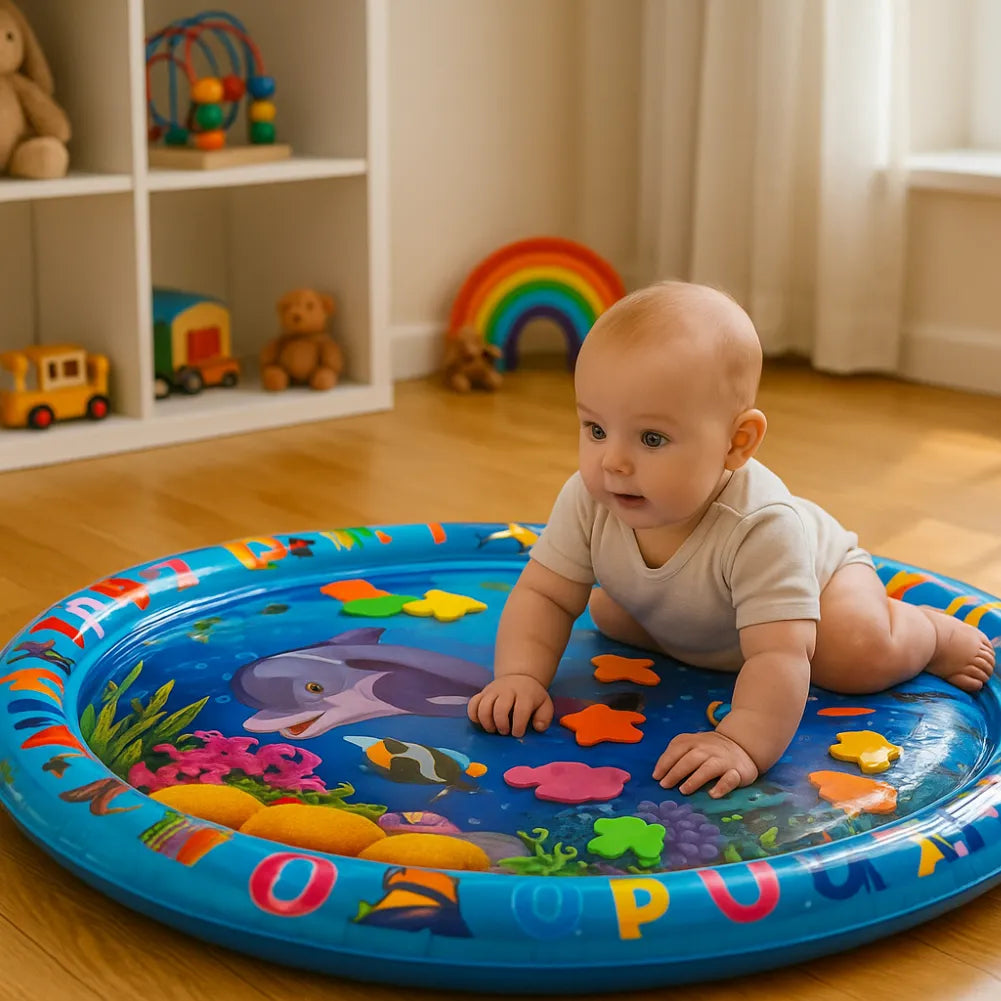 Tapis d’eau bébé rond - Motif marin avec lettres et formes flottantes pour éveil sensoriel
