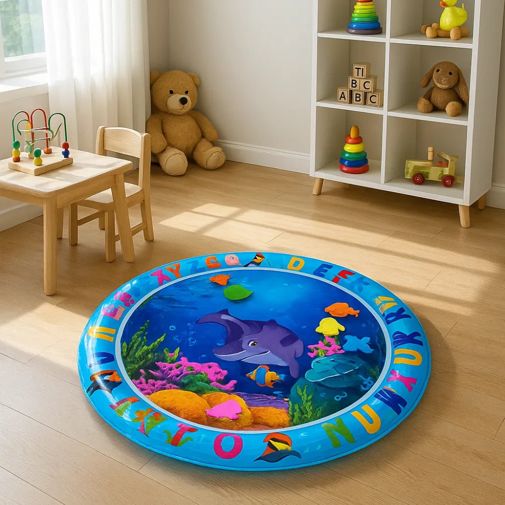 Tapis d’eau bébé rond - Motif marin avec lettres et formes flottantes pour éveil sensoriel