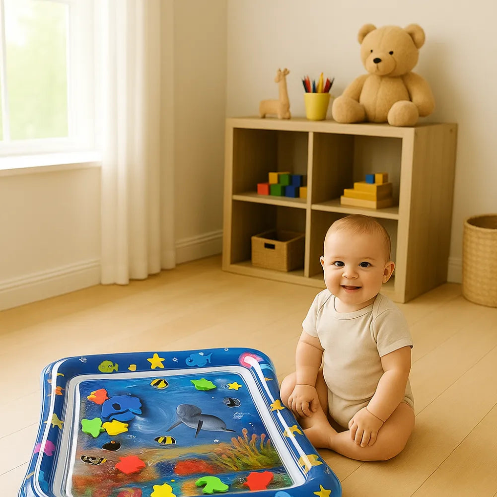 Tapis d’eau bébé - Tapis sensoriel gonflable avec dauphins et fond marin coloré