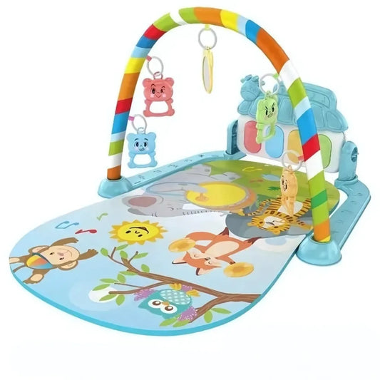 Tapis bébé interactif jungle avec arc et jouets, idéal pour l'éveil sensoriel et musical des nourrissons.