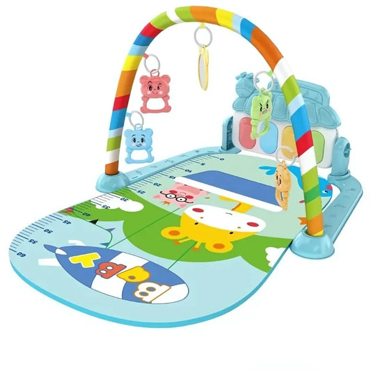 Douce symphonie girafe tapis d’éveil musical pour bébé, coloré et sensoriel avec jouets suspendus.