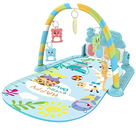 Tapis bébé interactif avec jouets suspendus, piano et motifs animaliers colorés pour éveil sensoriel.