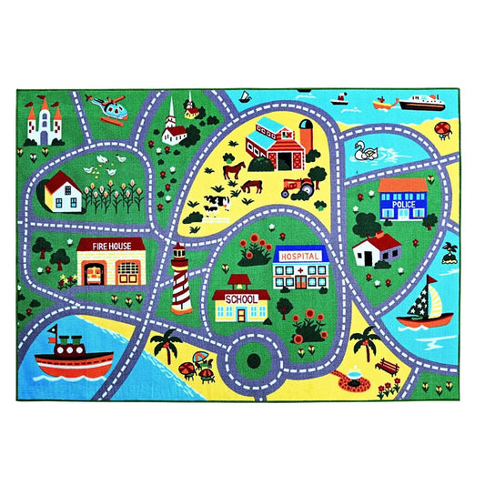 Tapis circuit voiture - Parcours ludique entre ville, ferme, port et animaux