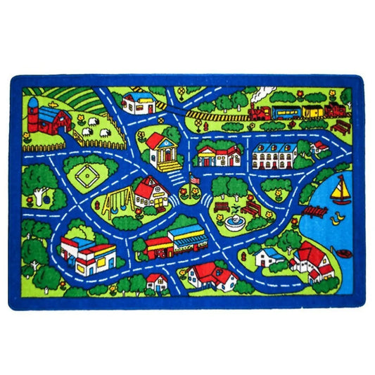 Tapis circuit voiture enfant - Ville de campagne, routes, port et bateaux