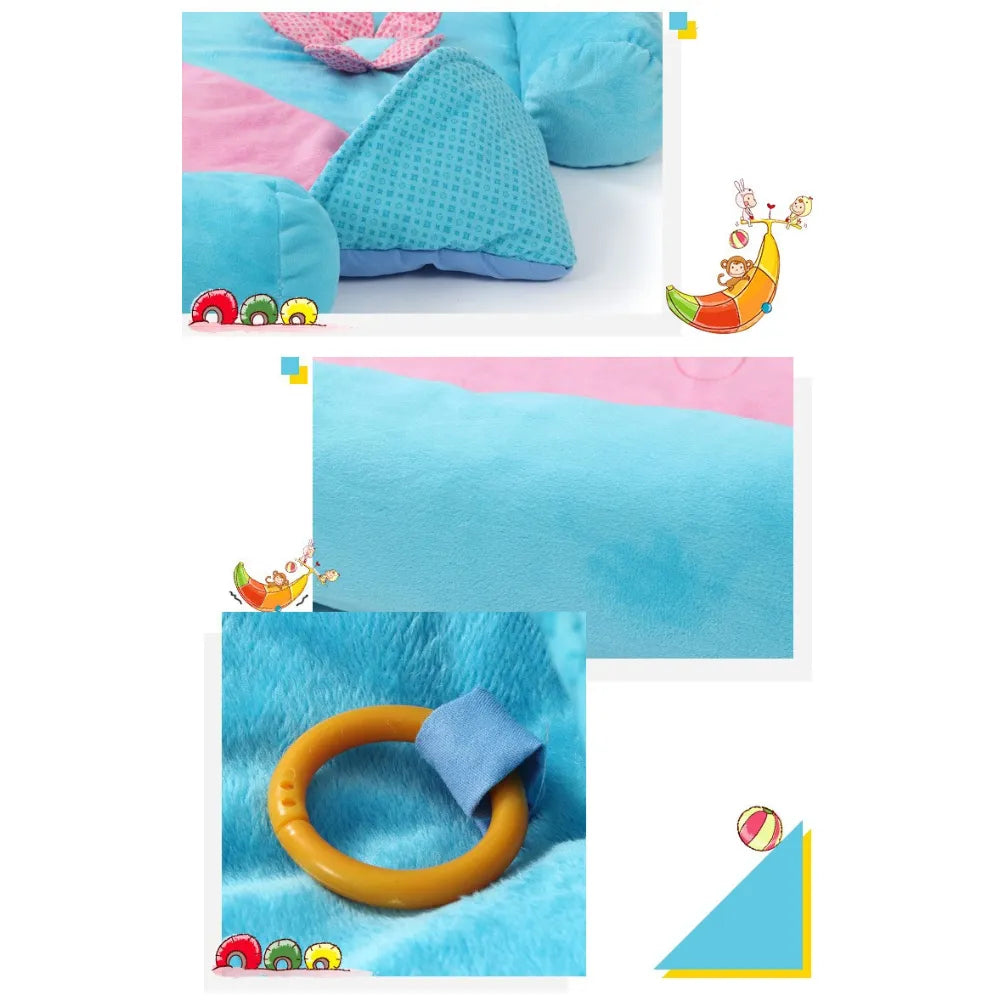 Variety of textures and colors on the floral baby play mat with soft plush fabric and sensory ring.