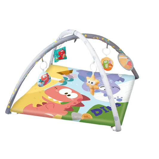 Tapis bébé avec arche d'éveil et jouets suspendus, offrant un espace sécurisé pour l'éveil des tout-petits.