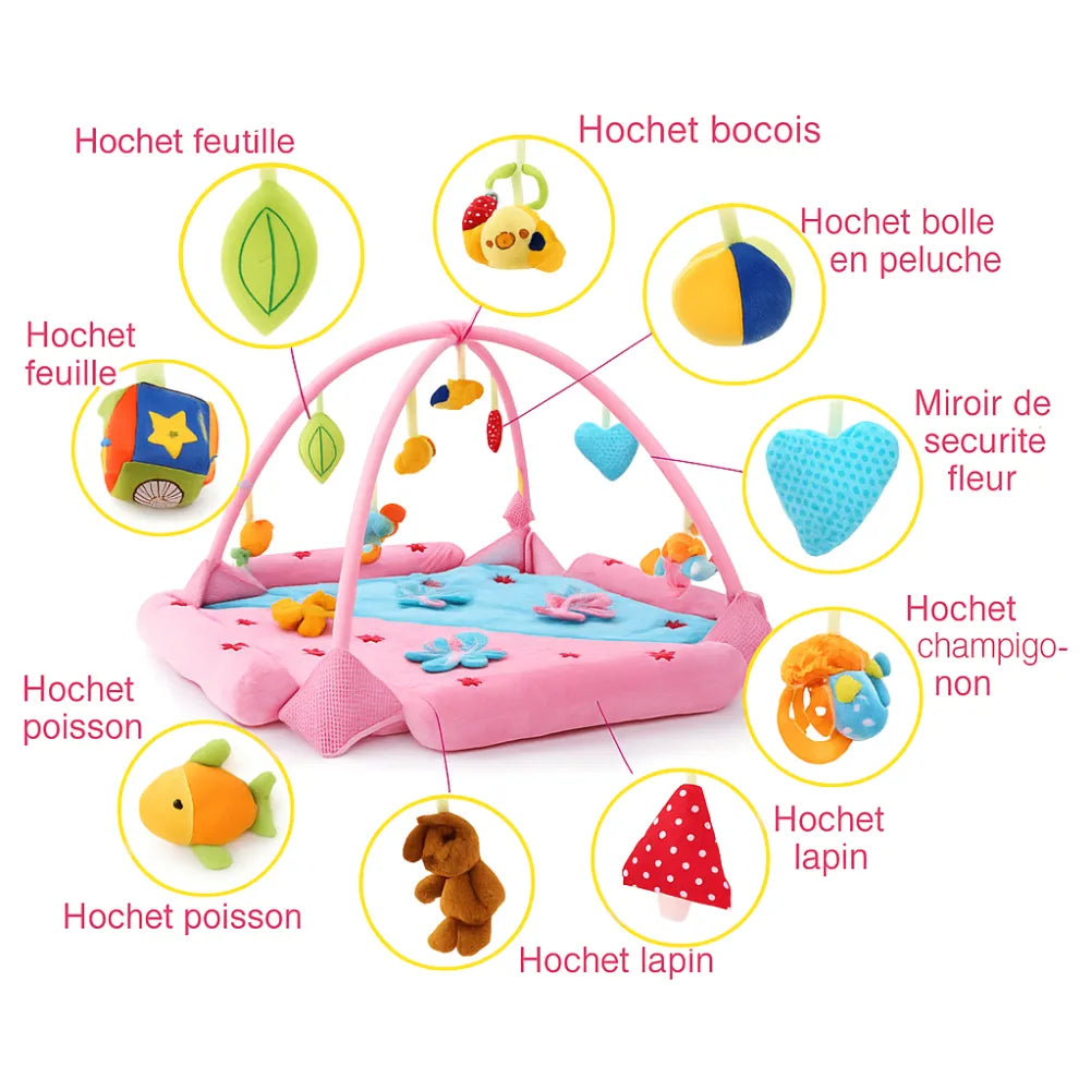 Tapis de jeu pour bébé avec jouets suspendus colorés, miroir de sécurité et textures douces pour la stimulation sensorielle.