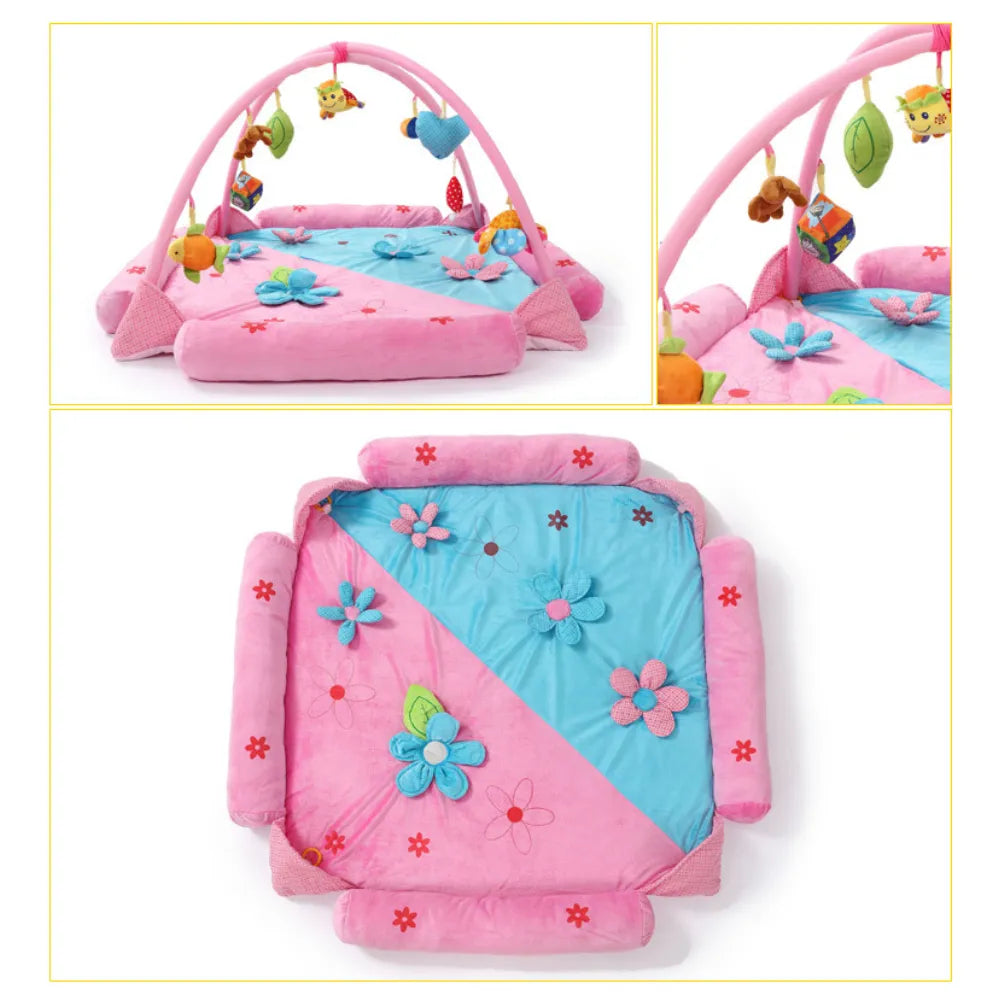Tapis bébé floral avec 9 jouets suspendus, tissu ultra-doux et design sécurisé pour éveil sensoriel.