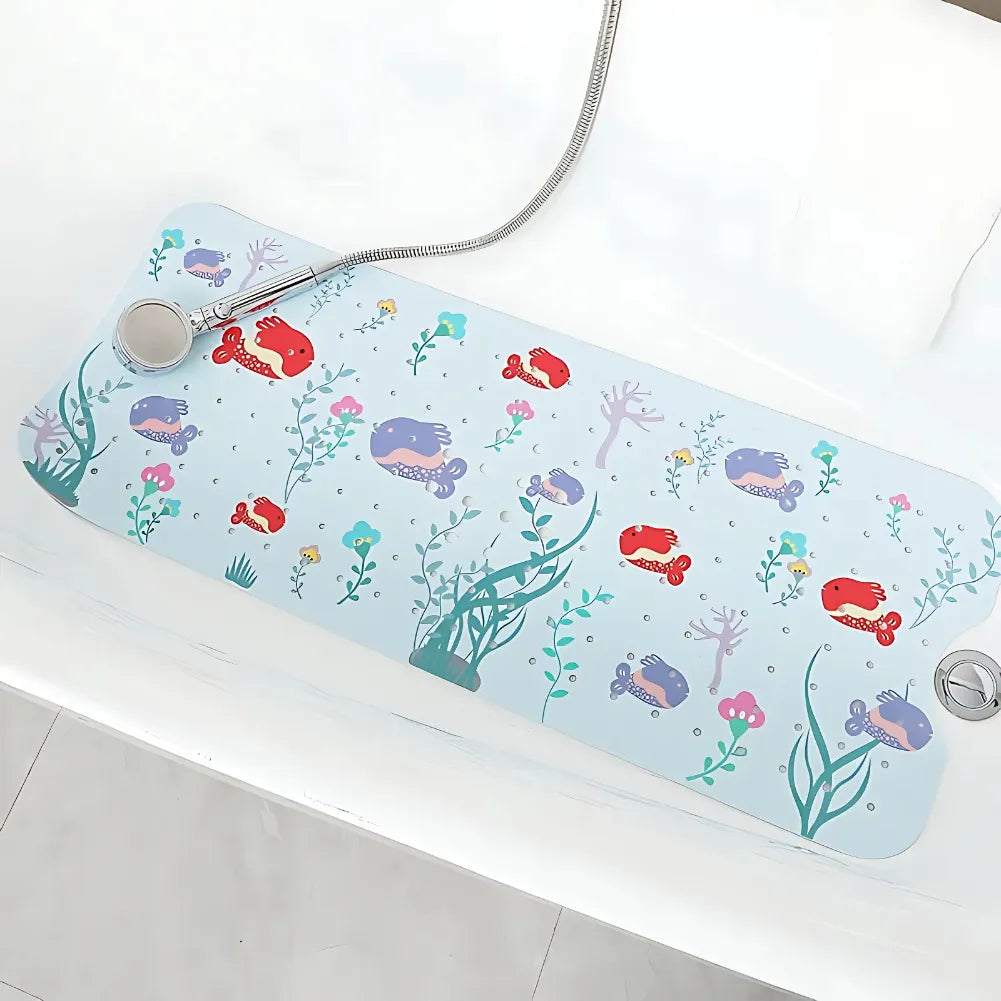 Tapis de bain bébé aux poissons colorés avec design marin sous-marin, antidérapant et hygiénique.