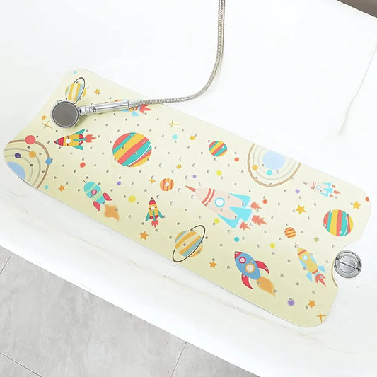 Tapis de bain bébé antidérapant avec motif fusées et planètes, pour un bain ludique et sécurisé.