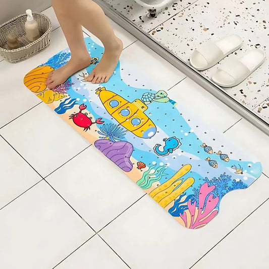 Tapis de bain bébé antidérapant sous-marin coloré avec motifs de poissons et sous-marin, offrant sécurité et imagination.