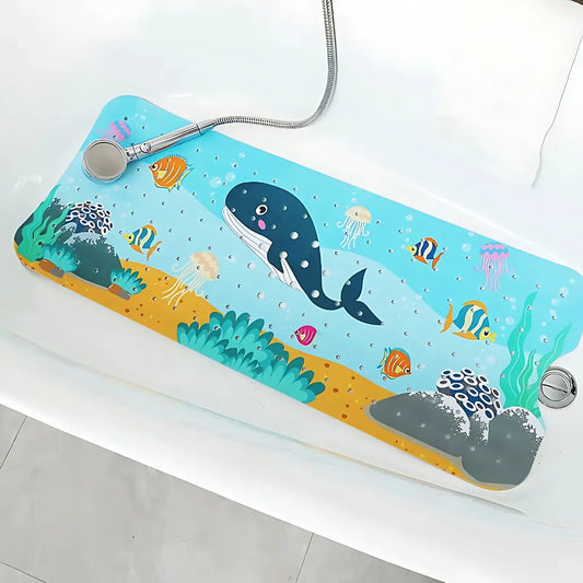 Tapis de bain bébé motif baleine joyeuse avec poissons colorés, offrant adhérence et éveil sensoriel.