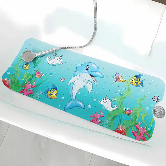Tapis de bain bébé antidérapant au design dauphin coloré et océan, idéal pour la sécurité et l'éveil visuel.