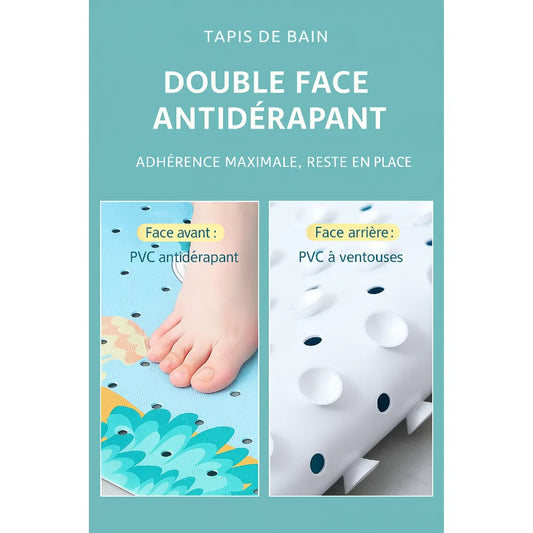 Tapis de bain double face antidérapant pour bébé, présentant l'adhérence maximale avec PVC doux et ventouses.